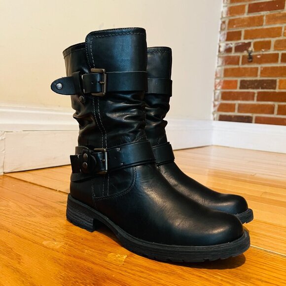 EARTH Women's Everwood Boots 7B Black Leather Mid-Calf Side Zipper Biker Moto - Picture 1 of 16